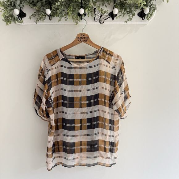 malene birger Brown Plaid Silk Blouse Lined 32 Z9063 designer quiet luxury - Picture 1 of 4